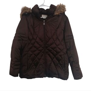 St John's Bay Chocolate Brown Puff Coat with Fur Trimmed Hood Size Large